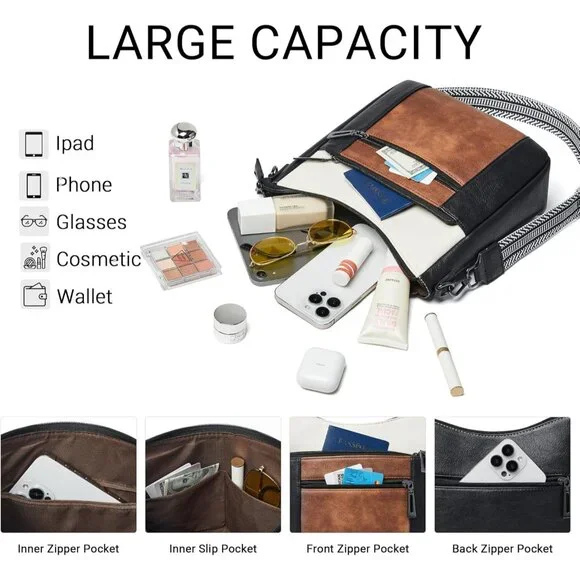Women's Brown White Trendy Vegan Leather Purses Hobo Handbags Shoulder Bag